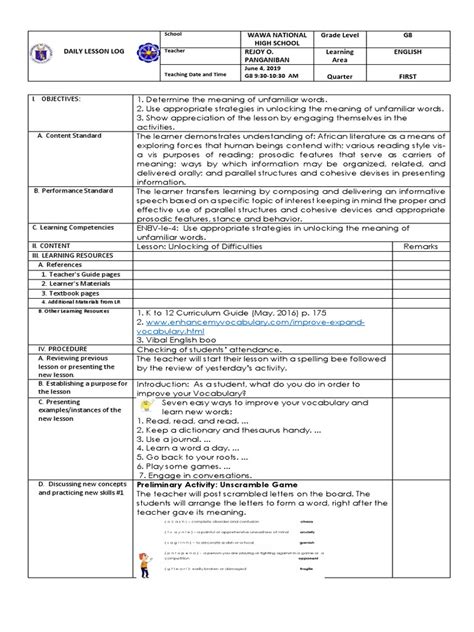 unlocking of difficulties in lesson plan|Grade 8 .